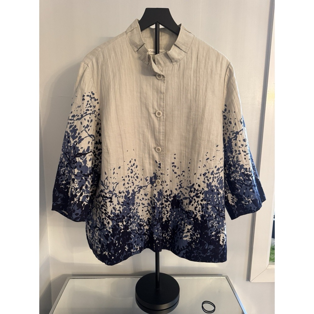 Coldwater Creek Blue Cream Linen Ombre Floral Jacket Size 2X